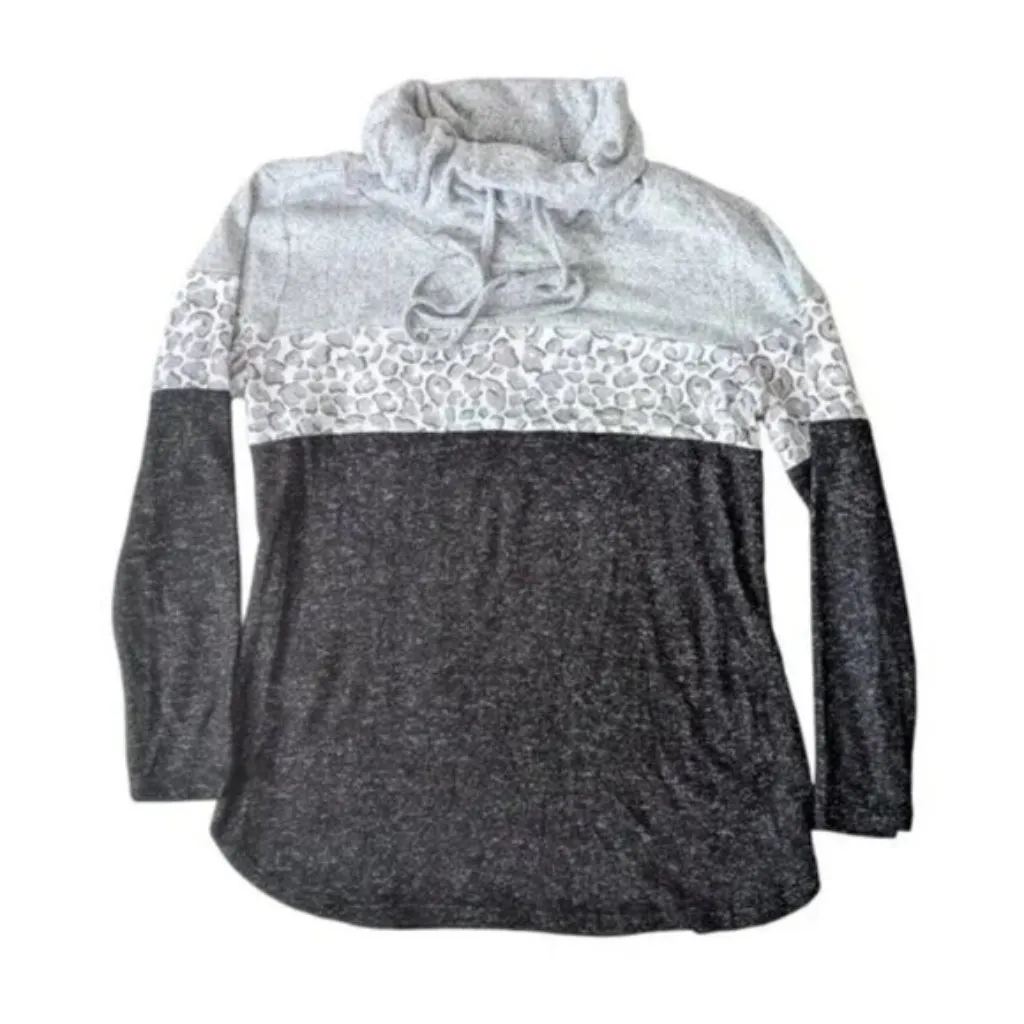 Market & Spruce Black Gray Cameron Cowl Neck Brush Knit Top with Leopard Print - Image 4