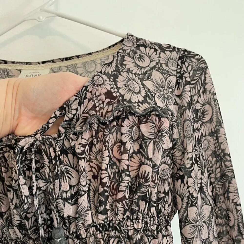 KNOX ROSE Black Lilac Lavender Mauve Pink Floral Long Sleeve Lace Up Peasant Top - Image 6