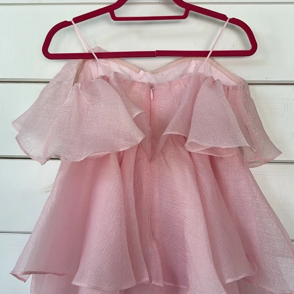 Khan Pink Strapless Tiered Organza Babydoll Mini Dress Medium - Image 6