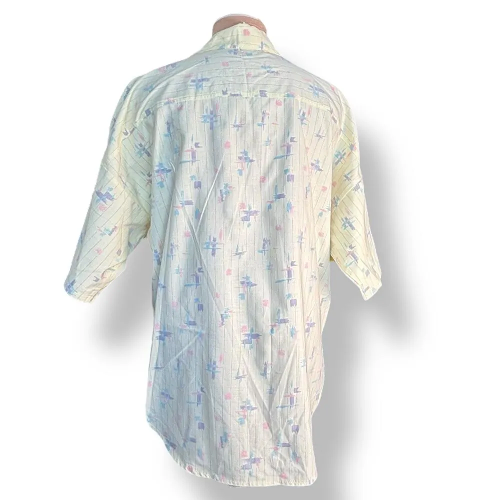 Vintage 80s Shirt Plus Size 42 Pastel Butter Yellow Abstract Print Made in USA - Image 5