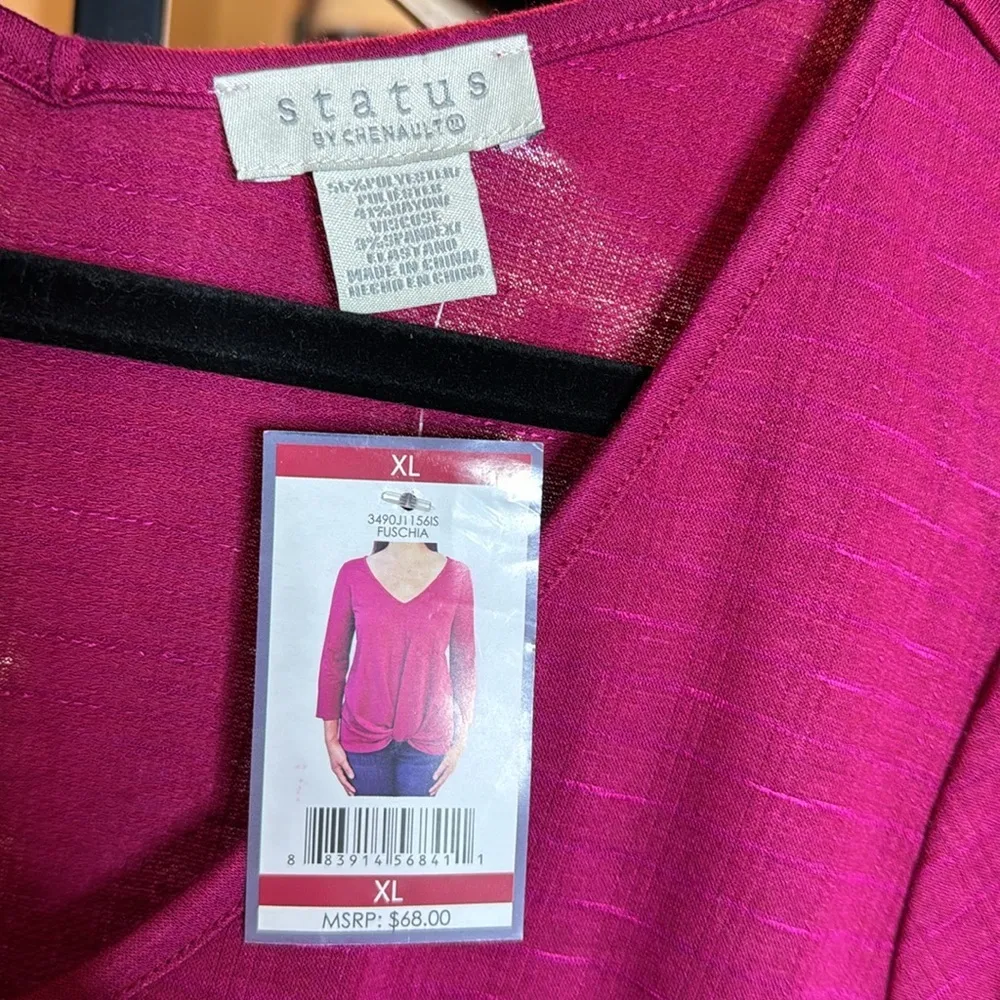 NWT Status By Chenault Twist Knot Textured Top Fuschia Blouse 3/4 Sleeve Size XL Pink - Image 3
