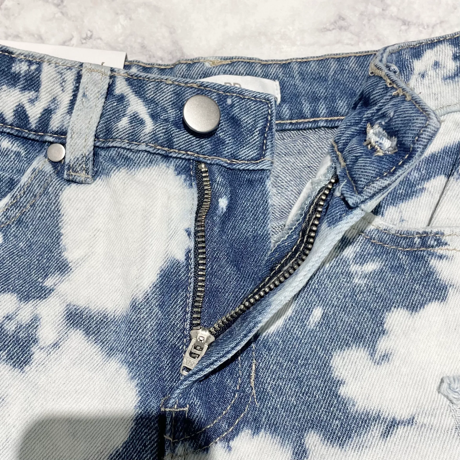 New  Ripped Cutoffs High Rise Shorts Non-Stretch Denim Blue Bleached Wash - Image 10