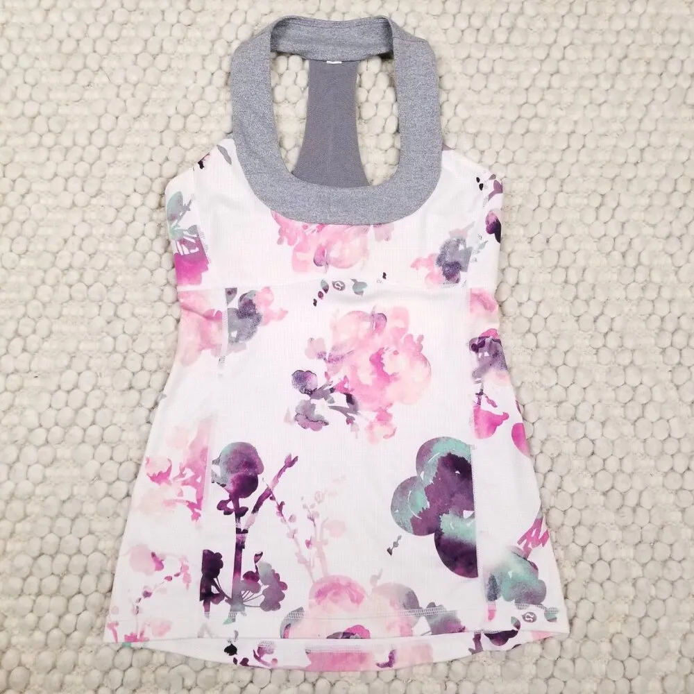Lululemon Scoop Neck Tank Blurred Blossoms White / Heathered Fossil Sz 4 - Image 6