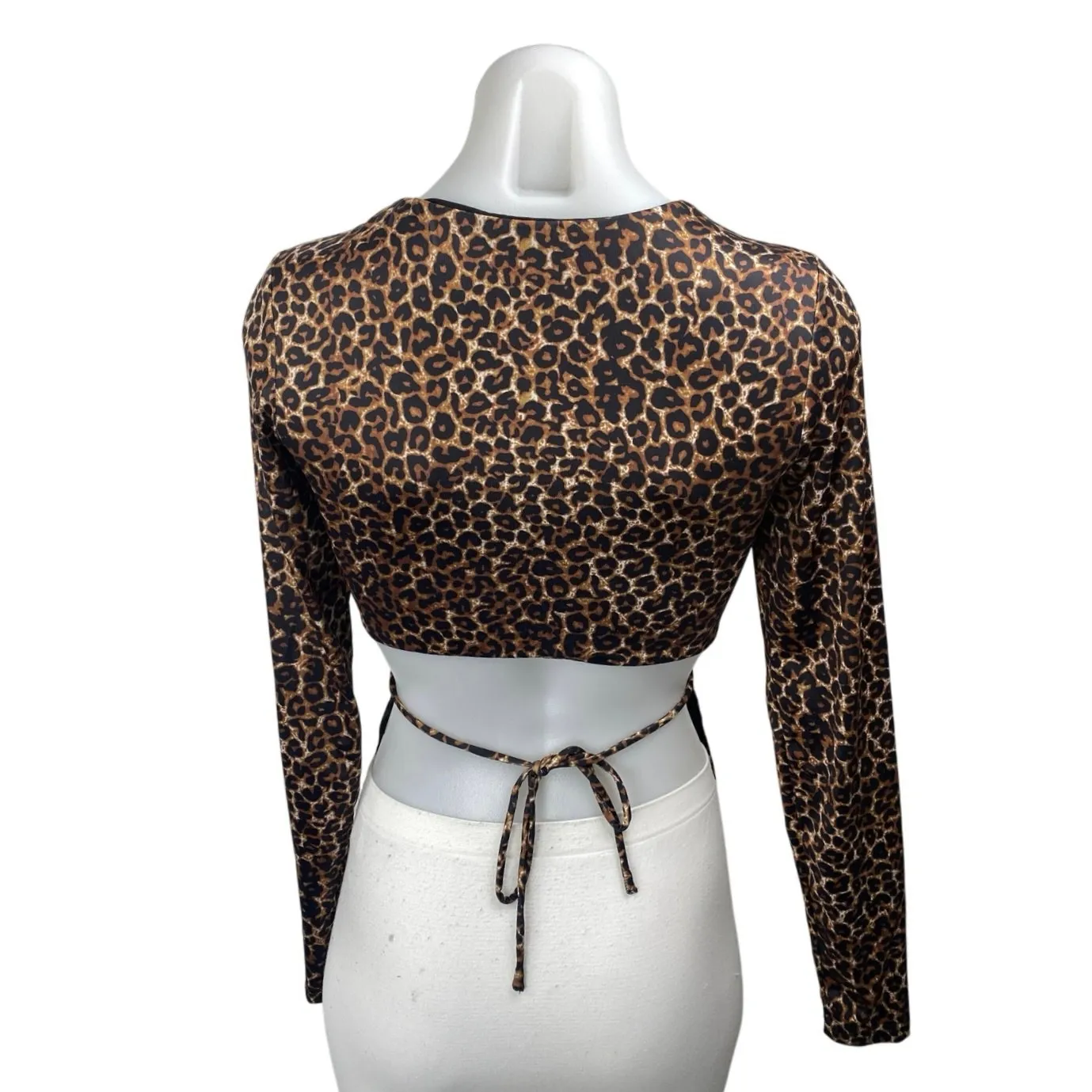 Princess Polly Brown Leopard Animal Print Long Sleeve Tie Back Crop Shirt Top 6 - Image 2