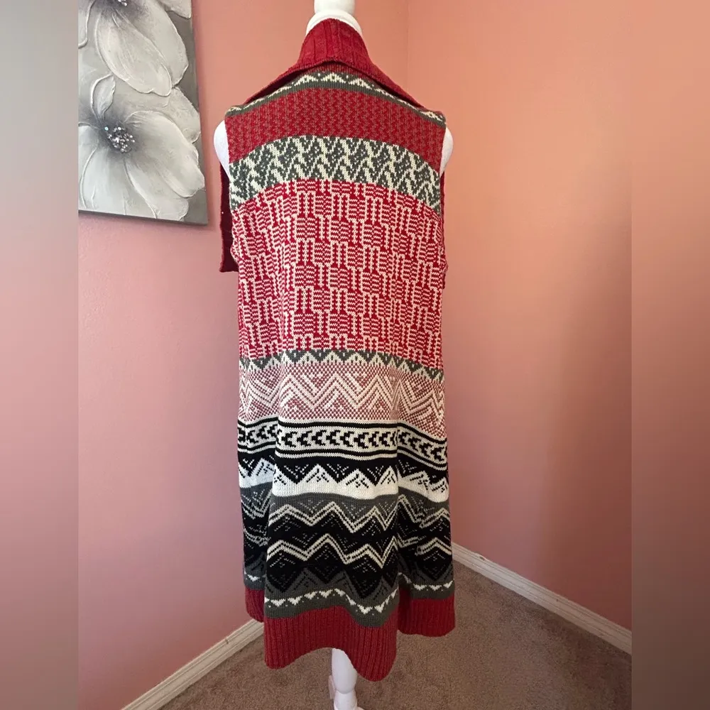 G.H.Bass&Co. sleeveless boho Aztec open front long asymmetrical hem cardigan SM Red - Image 4