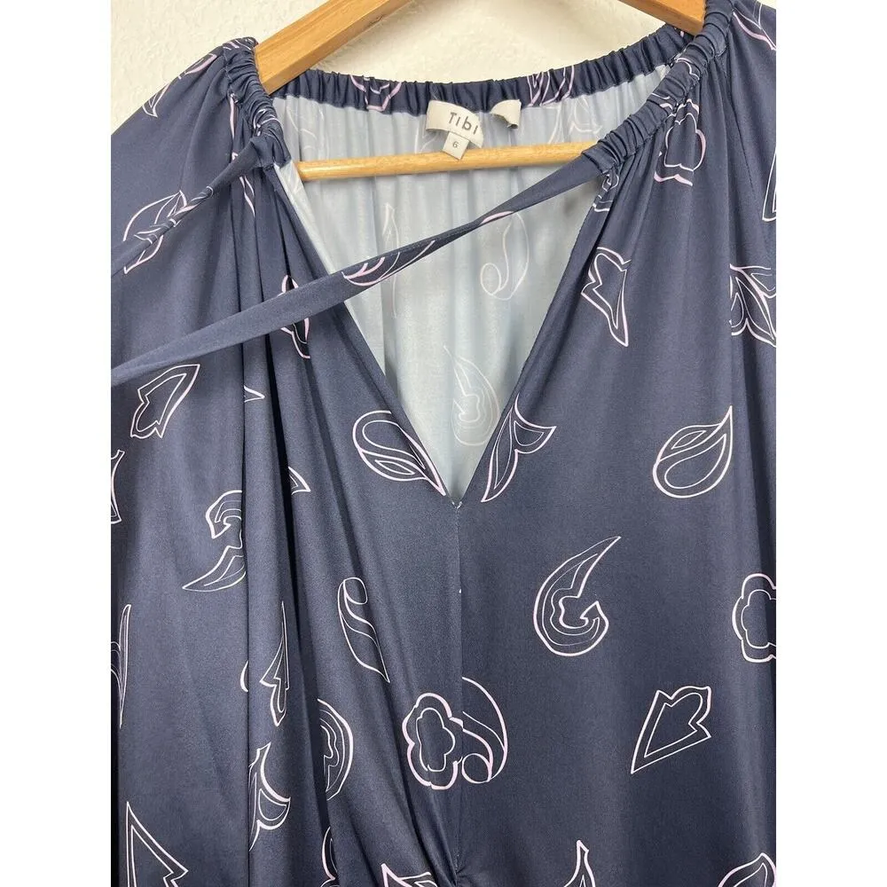 Tibi Remi Print Jersey Midi Dress Size 6 Navy Shirred Long Sleeves - Image 4