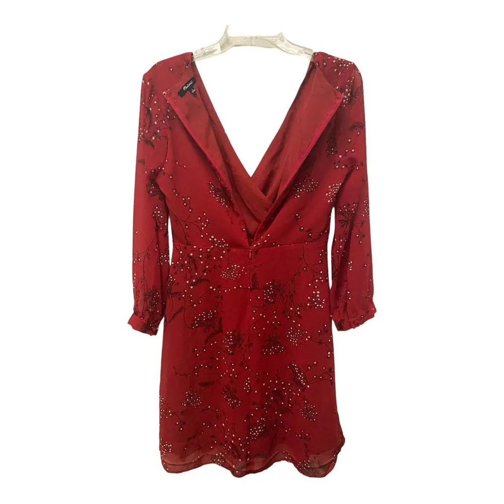 MADEWELL Hazelwood Faux Wrap Dress 2 Red Floral Mini Long Sleeve V-Neck Boho - Image 4