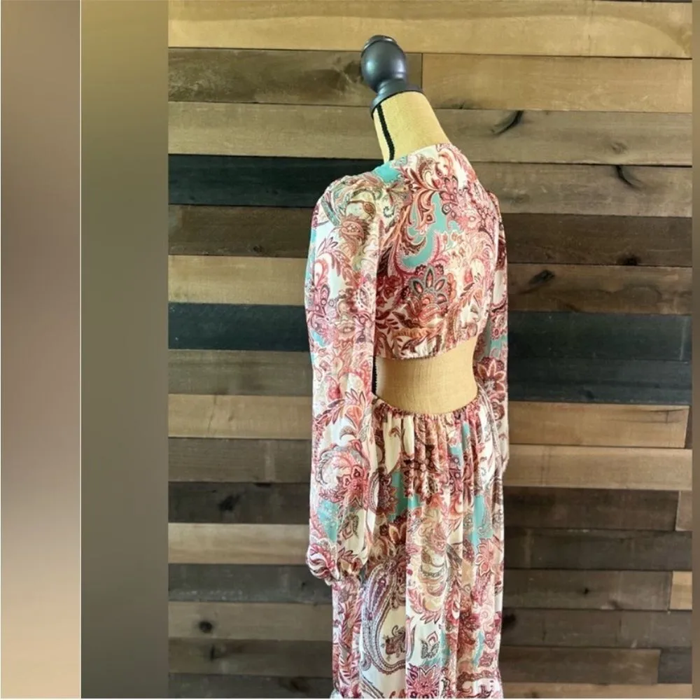 Jessica Simpson Long Bubble Sleeve Cut Out Sides Paisley Maxi Dress - Image 5