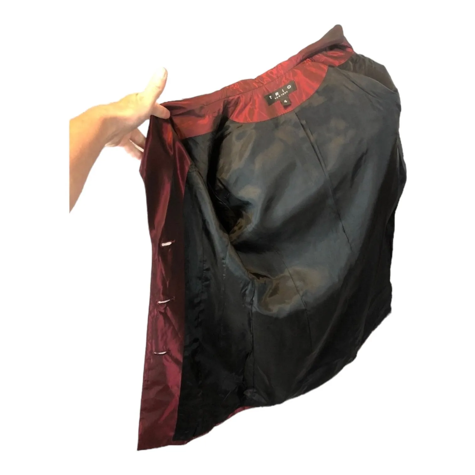 1990s Trio New York Burgundy Satin Blazer & Pant Set hoilday formal small Red - Image 7