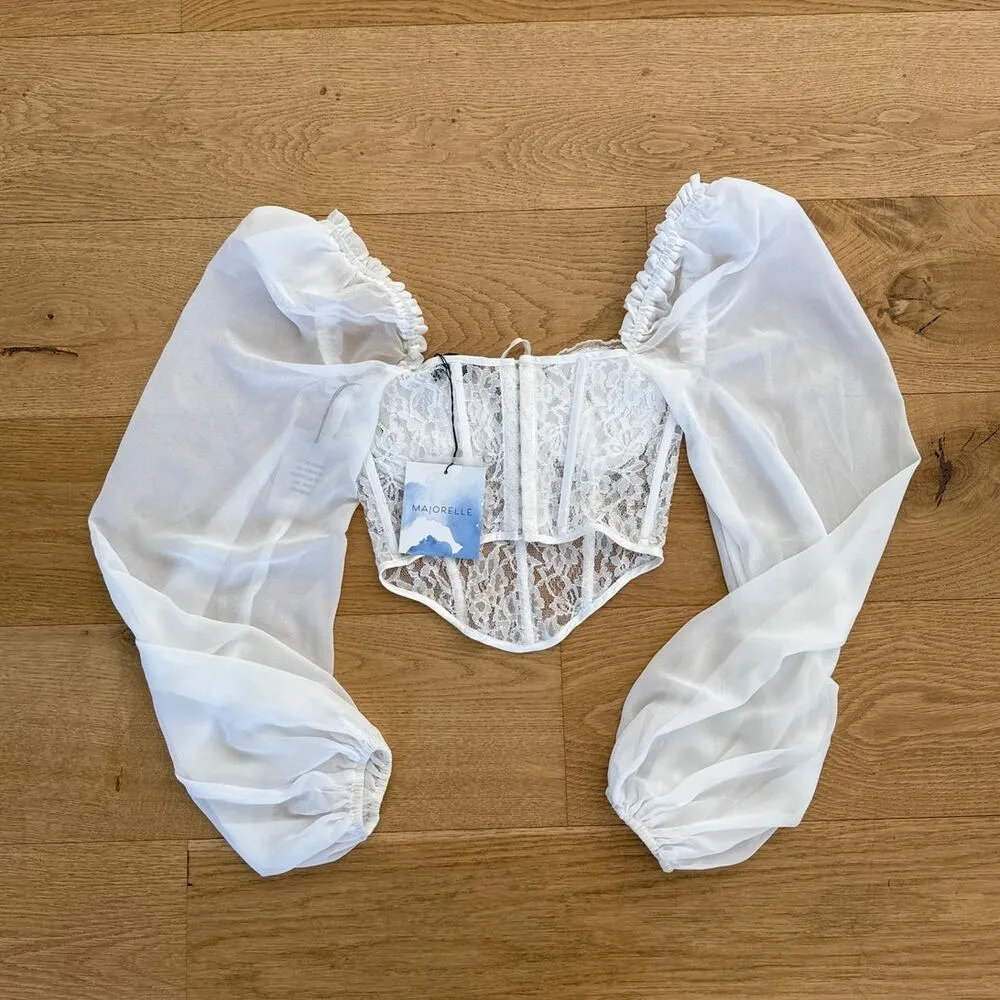 Majorelle - Derrion Ballon Sleeve Lace & Boned Corset Top in White - Image 4