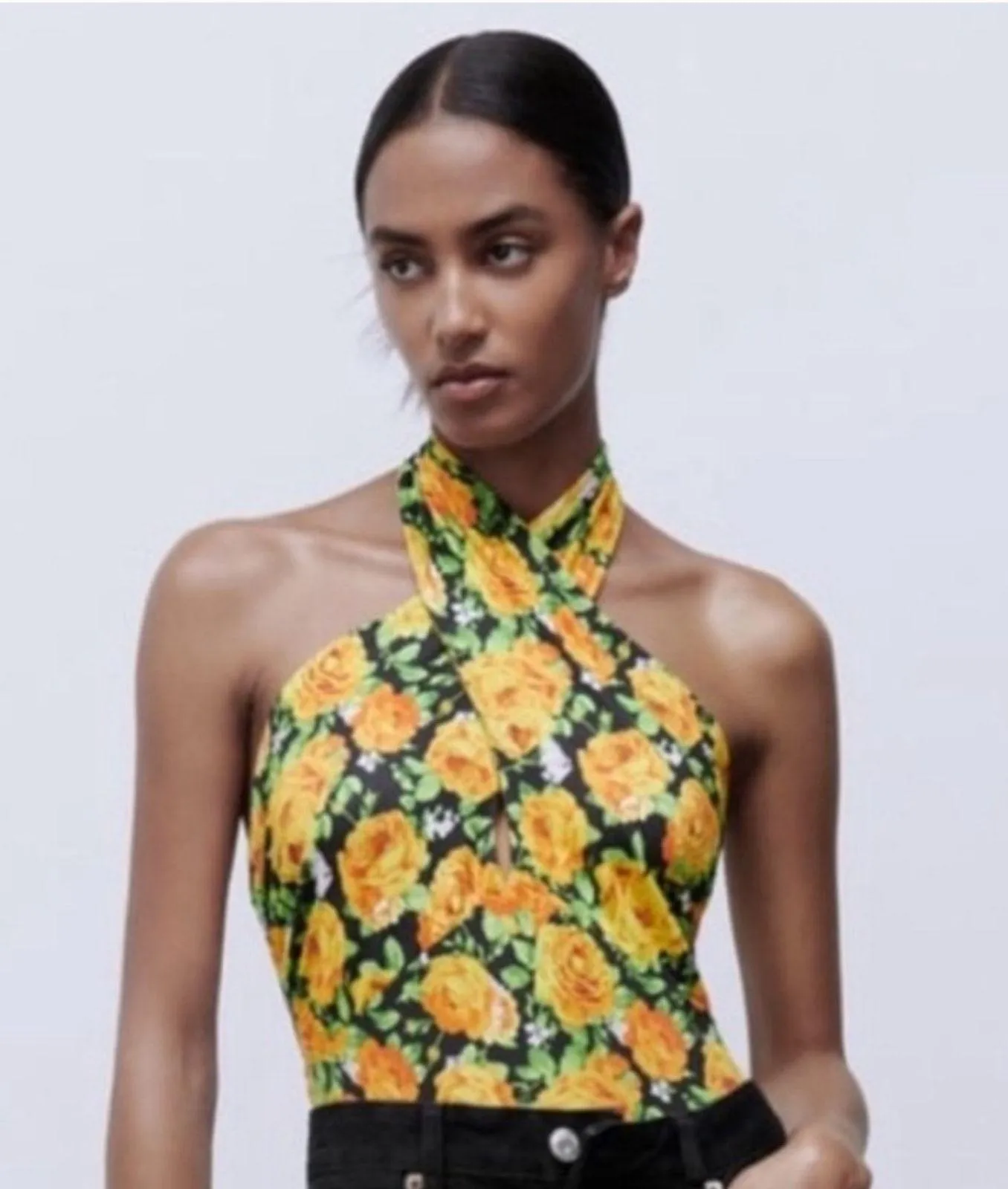 NWT Zara Bodysuit Womens L Yellow Floral Halter Neck Backless Boho Feminine - Image 3