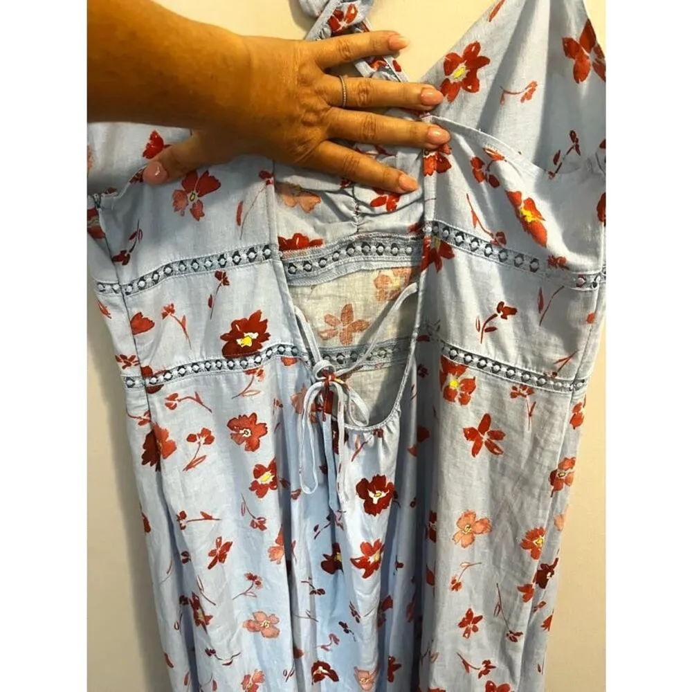 ZARA Floral Midi Dress Linen Viscose Ruffle Lace Open Back Blue Print Women's XL - Image 6