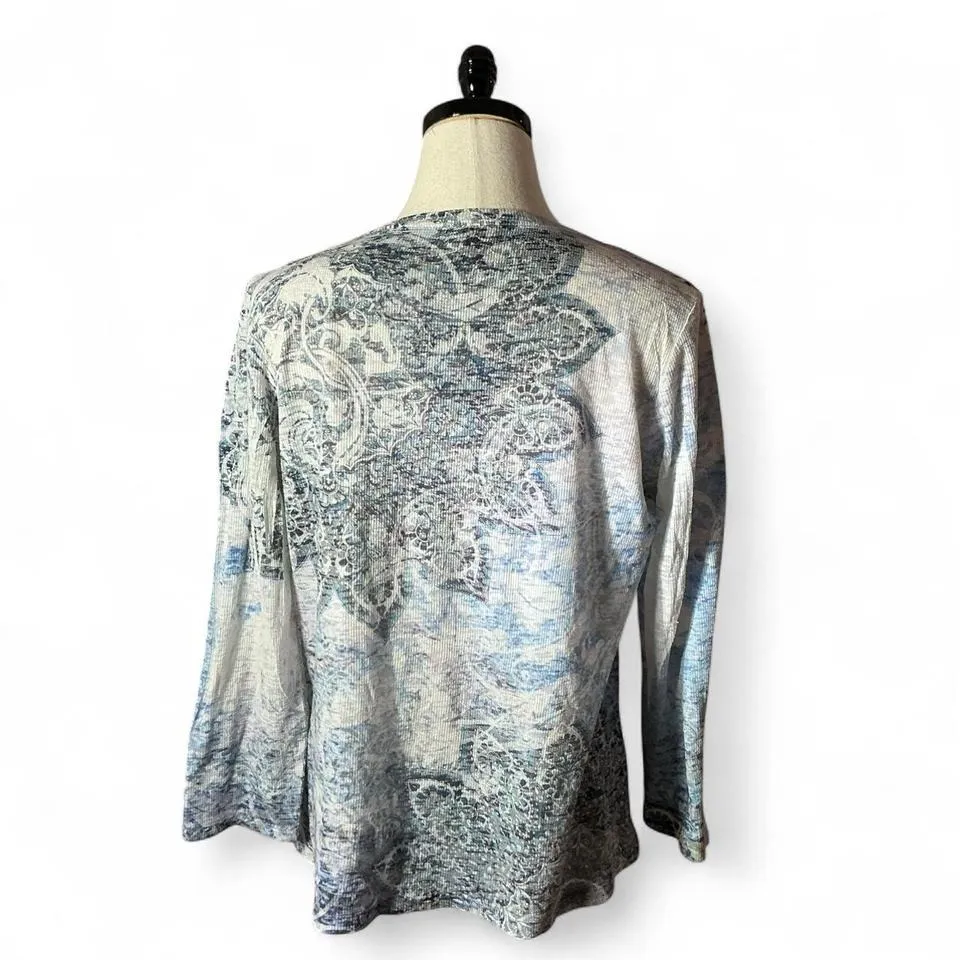 Y2K Kiara Aqua Blue Patterned Rhinestone V Neck Long Sleeve Top Women XXL Grunge - Image 2
