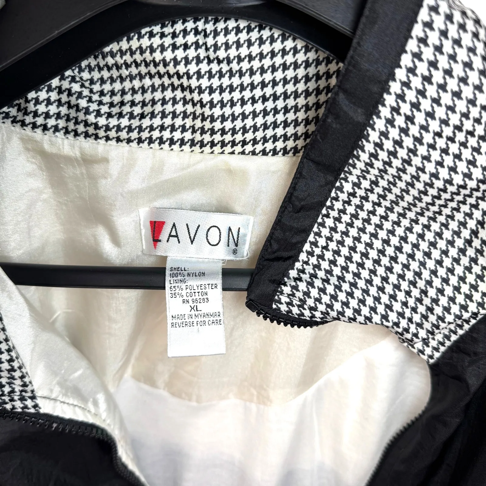 Vintage Lavon Nylon Windbreaker Jacket Womens XL Black White Houndstooth 90s - Image 11