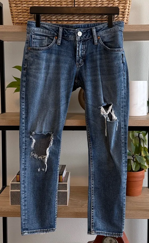 Silver Boyfriend Mid-Rise Factory Distressed Cropped Jeans, 26 - Image 1