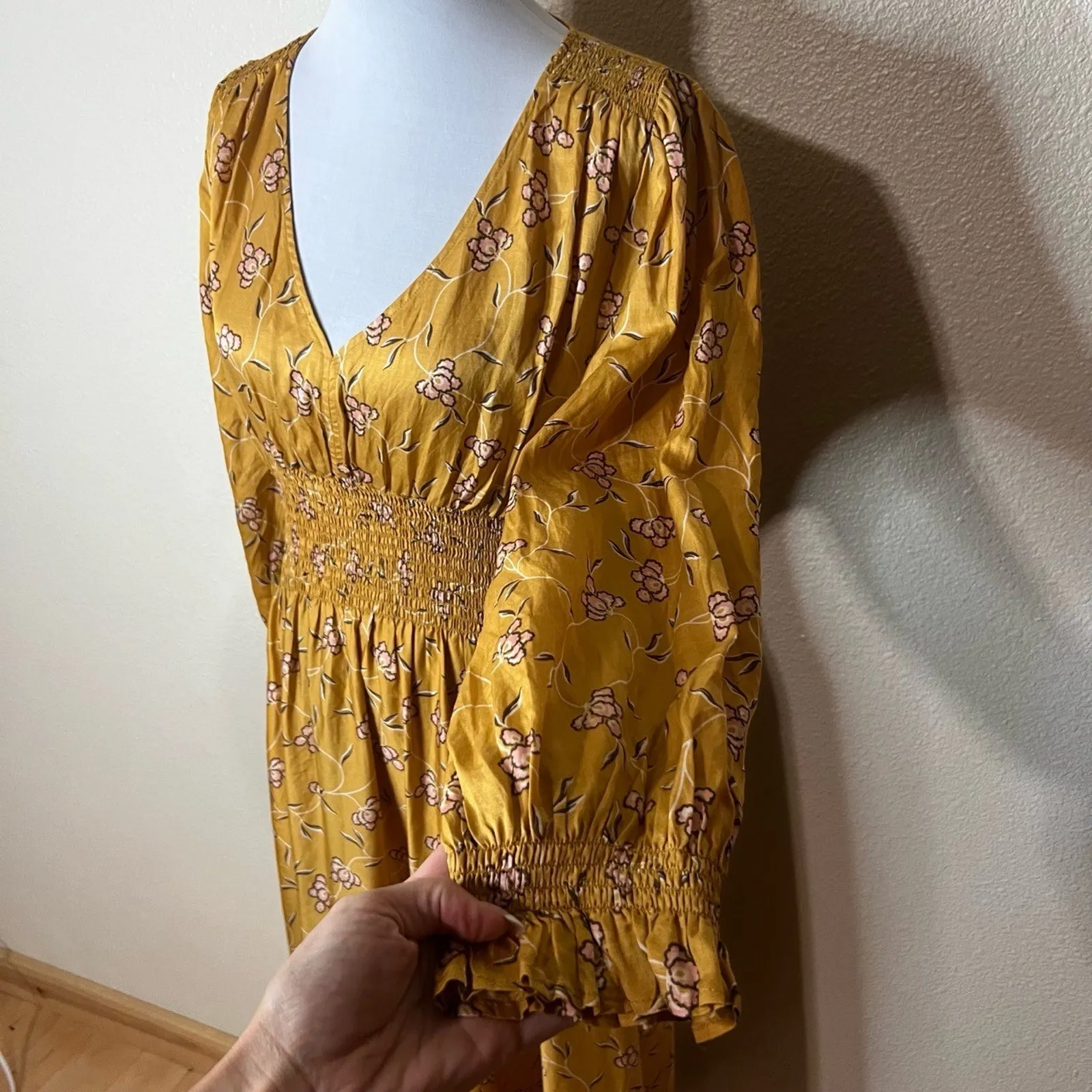 Outerknown Womens Midi Dress Mustard Yellow Floral Smocked Waist Boho Tiered MED - Image 5