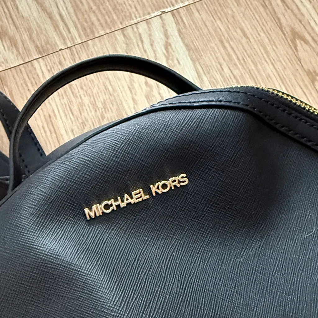 Michael Kors Black Leather Backpack with Gold Zippers - Image 2
