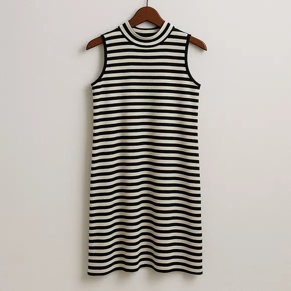 Marimekko Black White Tasaraita‎ Stripe Mock Neck Dress Small - Image 4