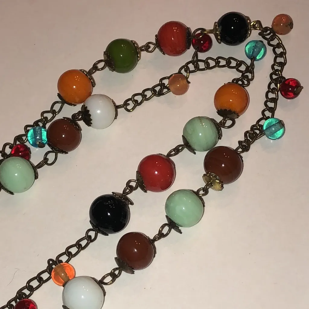 Brass Tone Colorful Glass Beaded Boho Necklace Orange - Image 3