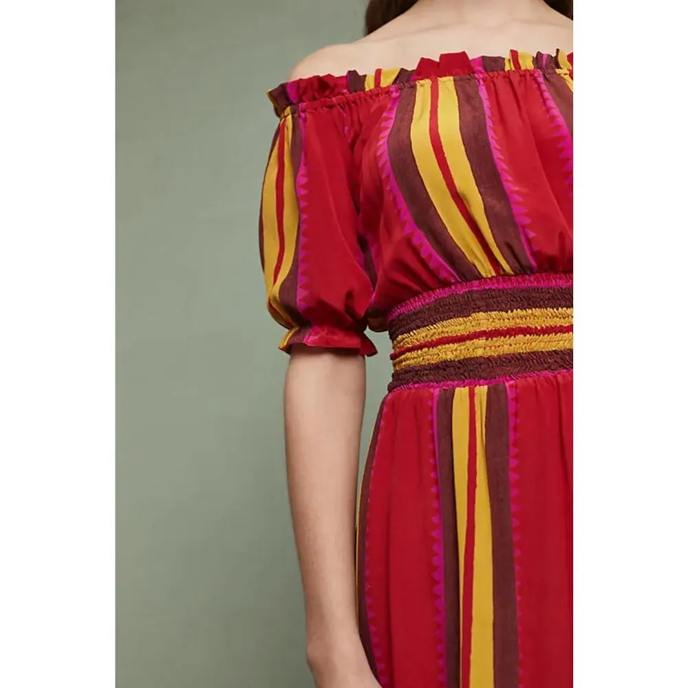 Anthropologie Anupamma Silk Maxi Dress Striped Off Shoulder Red Resortwear XS - Image 4