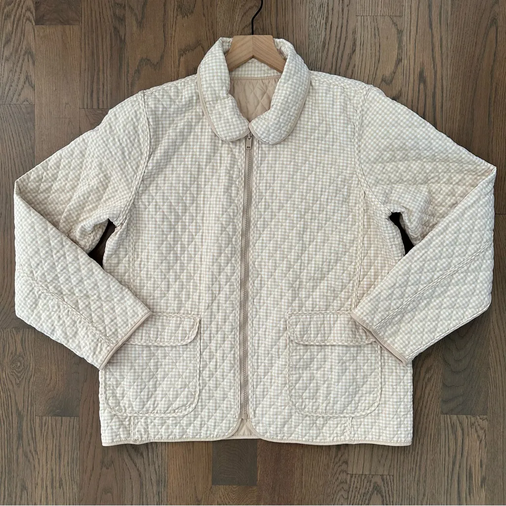 Vintage Bill Blass Gingham Reversible Quilted Chore Coat Beige and White Large - Image 4