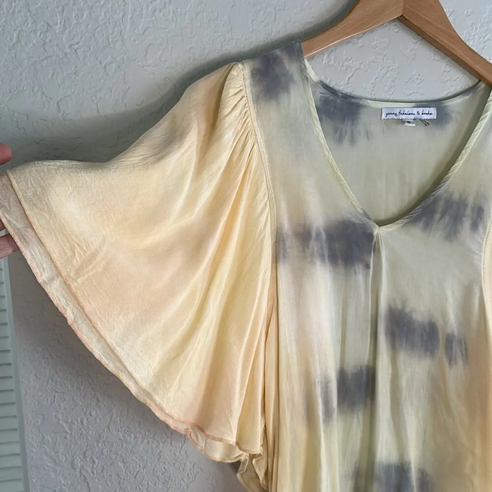 YFB Flutter Sleeve Top Tie Dye Watercolor Spring Summer Pastel Rayon Hippie - Image 2