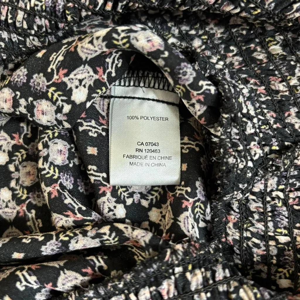 Sleeveless Floral Blouse Top Small Black Smocked Waist V Neck Surplice Wrap Pink - Image 6