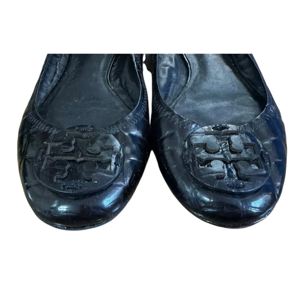 TORY BURCH Reva Black Leather Croc Print Ballet Slip On Flats Scrunch Back 11M - Image 4