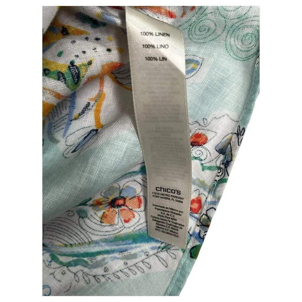 Chicos Top Womens Large 2 Green Linen Paisley Floral Button Up Cottage Beach - Image 9