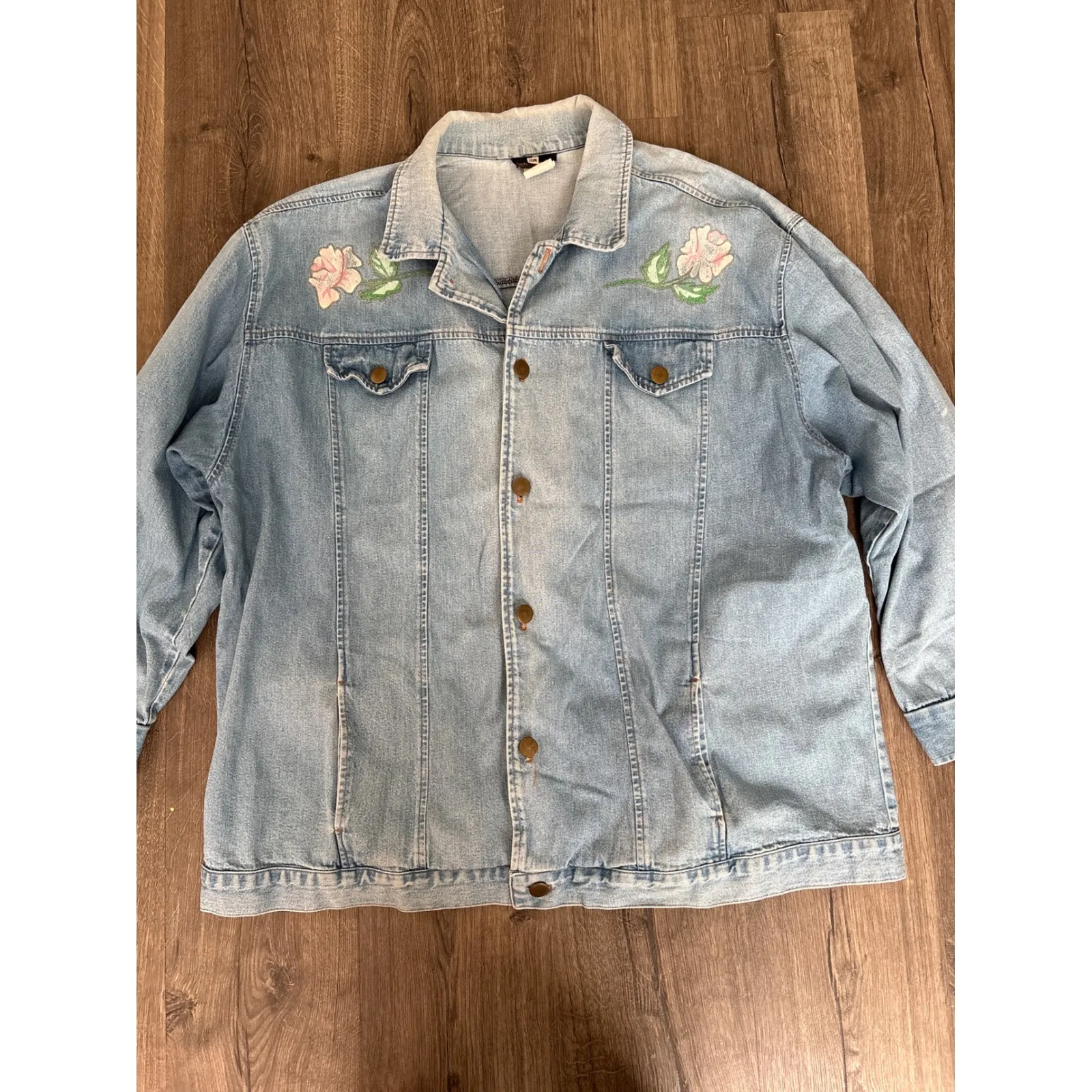Vintage 80s Hunter Run Denim Jacket Rose Hand Painted Women 20W Made In USA Blue - Image 6