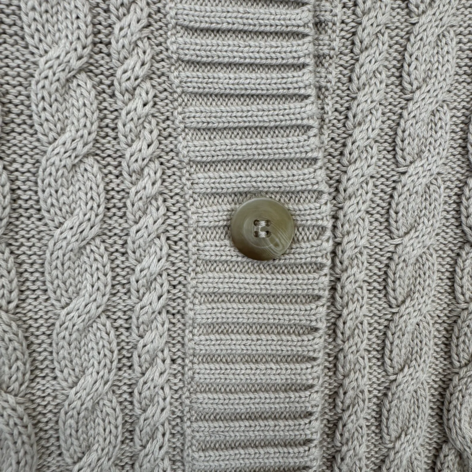 LL Bean Button Front Cable Knit Cardigan Sweater Women L Tan Cotton Shawl Collar Size L - Image 6