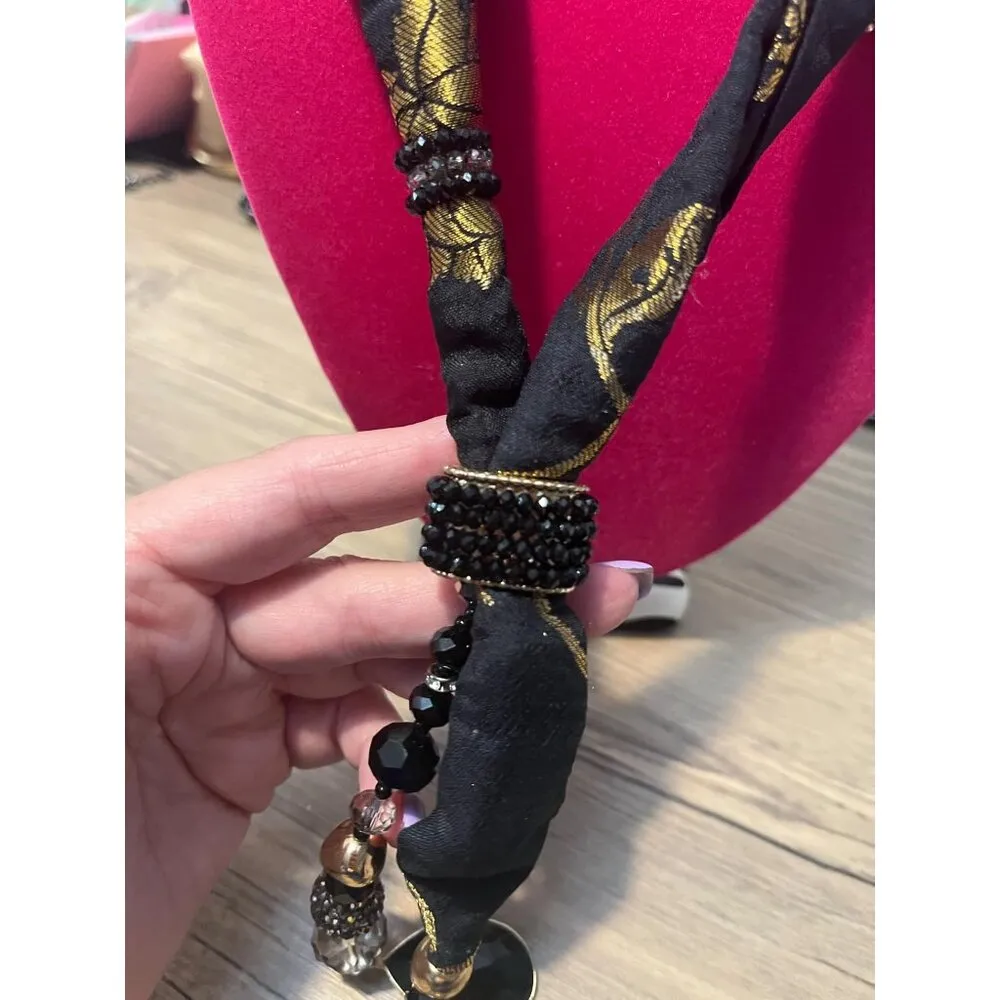 Chicos Bohemian  Tassels Black & Gold Beaded Scarf Necklace NWOT - Image 2