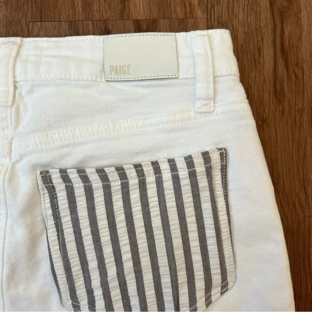 Paige Women’s Cindy Petite White Noise Denim Seersucker Pockets Grand Hem Shorts - Image 6