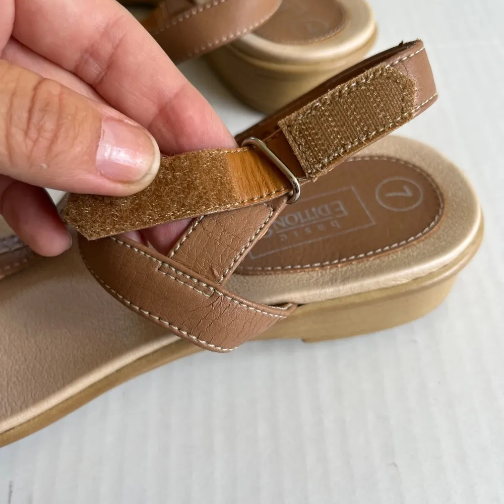 Basic Editions Sz 7 Beige Sandals Adjustable Straps Open Toe Ankle Closure Tan - Image 2
