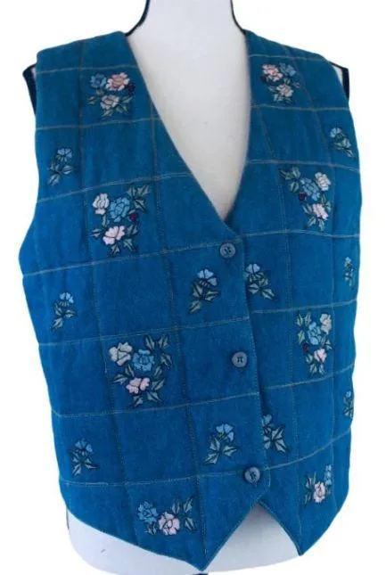 Vintage 90s Agapo Petite Denim Quilted Embroidered Floral Vest Blue Size L - Image 3