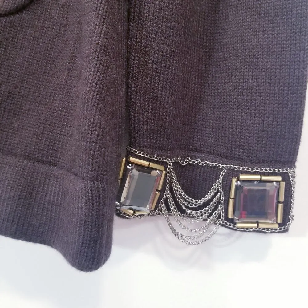 Dolce Cabo Knit Wool Cashmere Blend Chains Jeweled Cardigan Brown Size L - Image 8