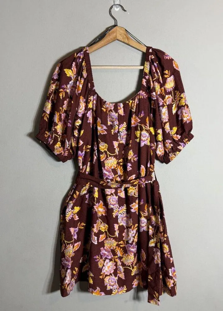 MINKPINK Giselle Belted Floral Mini Dress Women's Large Brown Puff Sleeve NWT - Image 6
