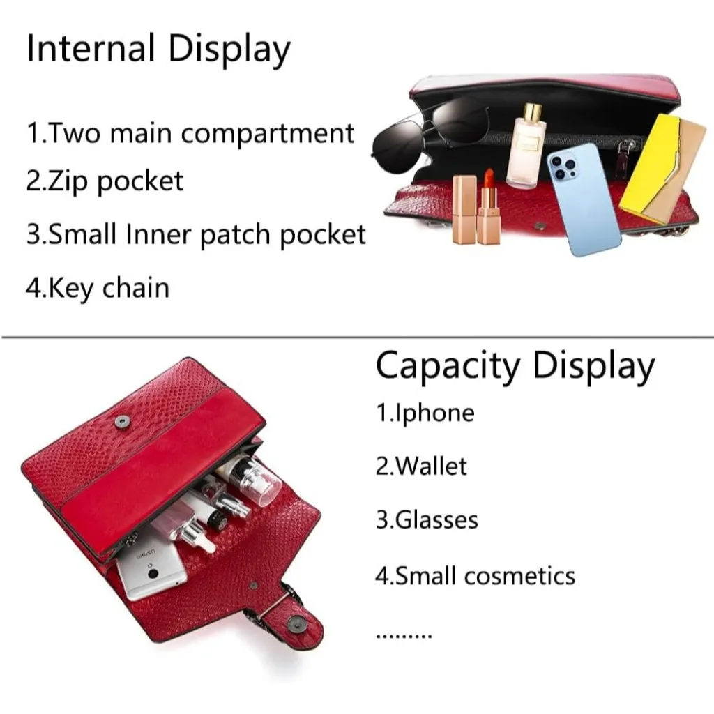 ⚡ Women's Red Black Leather Vintage Snake Print Crossbody Square Satchel Handbag - Image 7