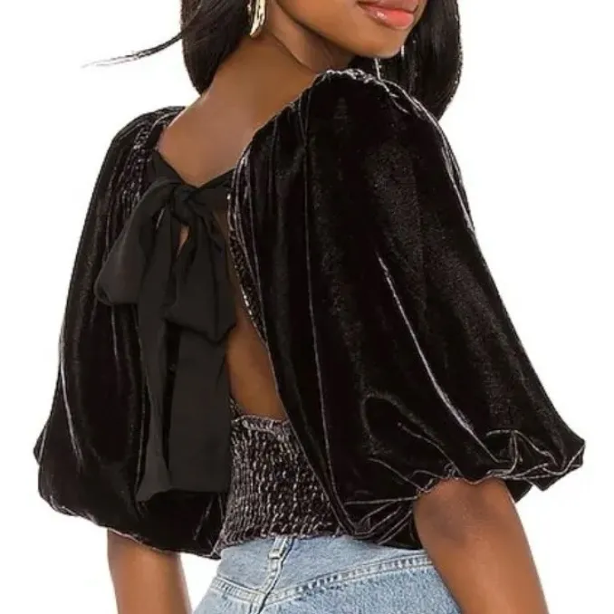 Free People Maria Black Velvet Puff Sleeve Tie Back Crop Top Size XS - Image 6