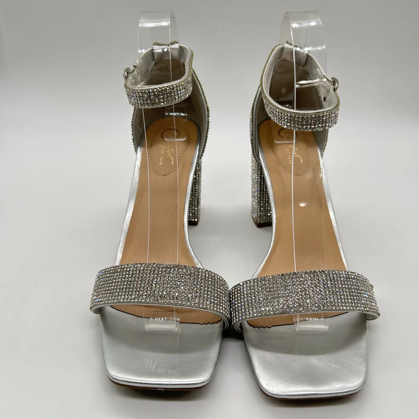 Womens Sandals 8W Wide Silver Rhinestones Open Toe Block Heel C Comfort‎ Brand Size 8 - Image 4