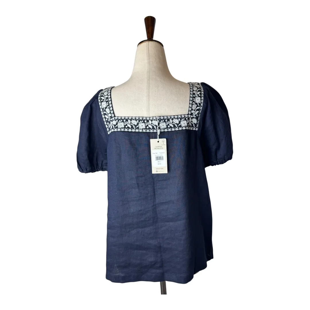 Boden Shirt Women 4 Navy Blue Embroidered Square Neck Puff Sleeve Linen Top‎ NWT - Image 3