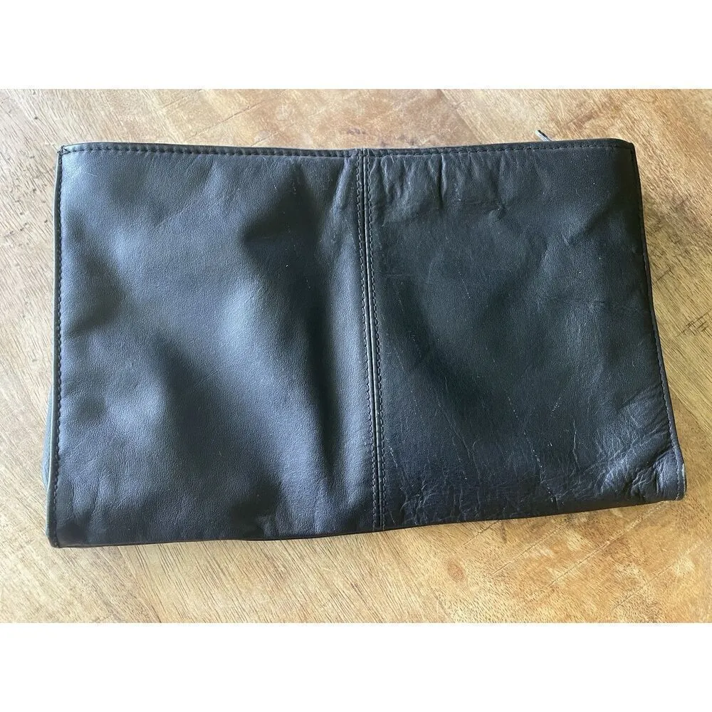 Vintage Black Genuine Leather Chevron Foldover Clutch Bag 13.5” Made in China - Image 2