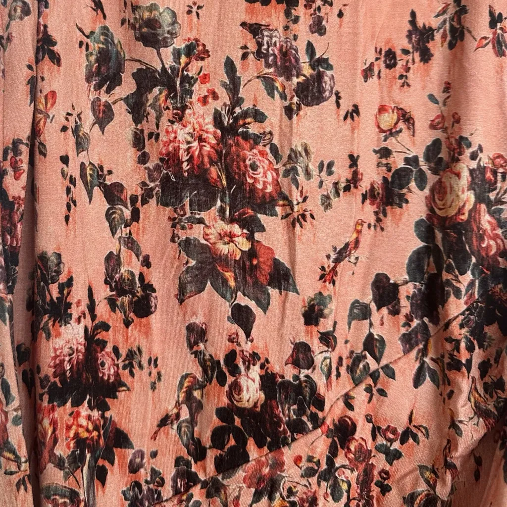 Peruvian Connection Peach Floral/Bird Print Sleeveless Midi Wrap Dress - Image 4