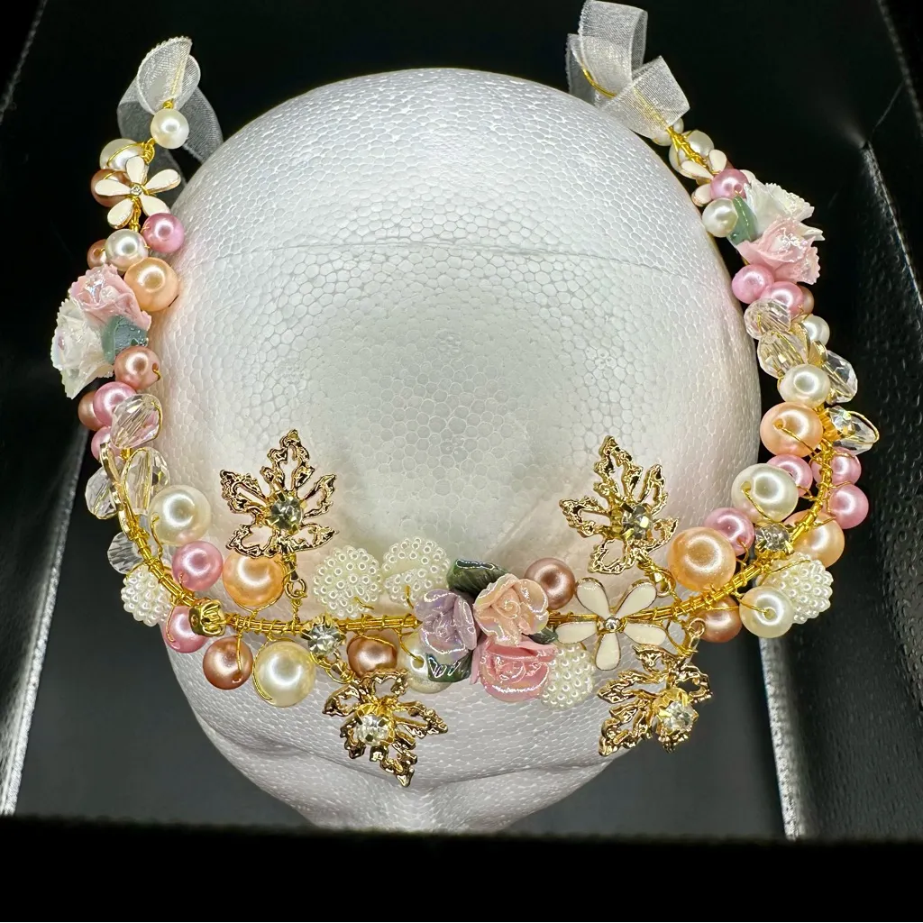 Gold Pink and White Pearl Floral wreath ethereal ribbon headband tiara set - Image 4