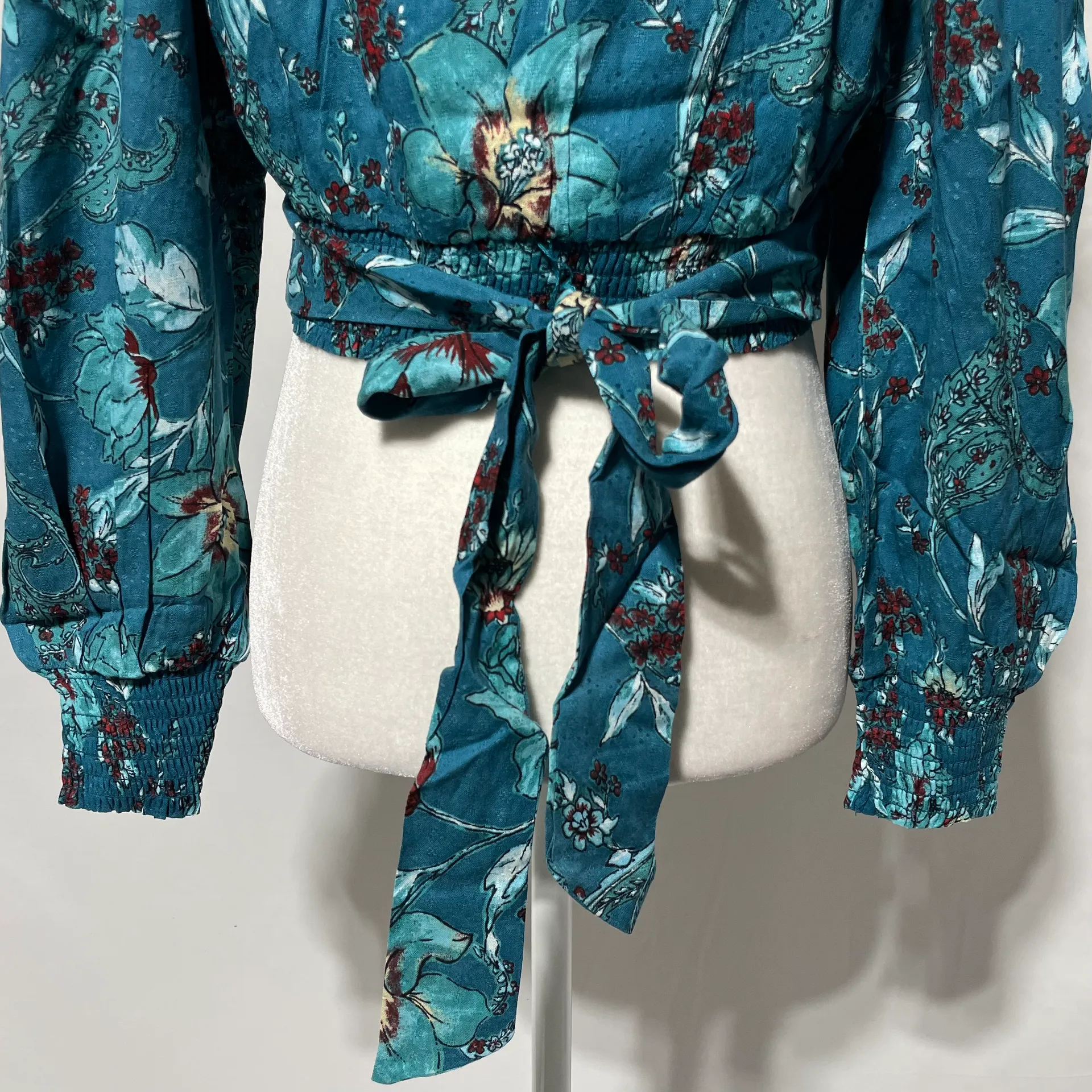 New  Floral Faux Wrap Long Sleeve Crop Top Deep Teal Size Small - Image 16