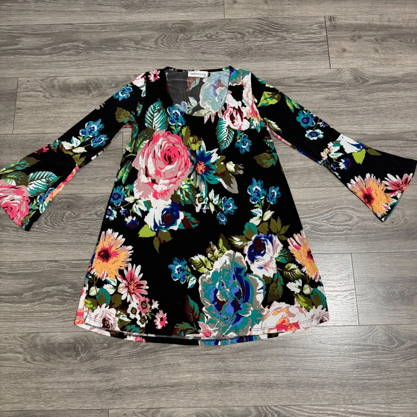 Veronica M Women Floral Print Long Flared Sleeve Stretchy Tunic Top Size XS Black - Image 9