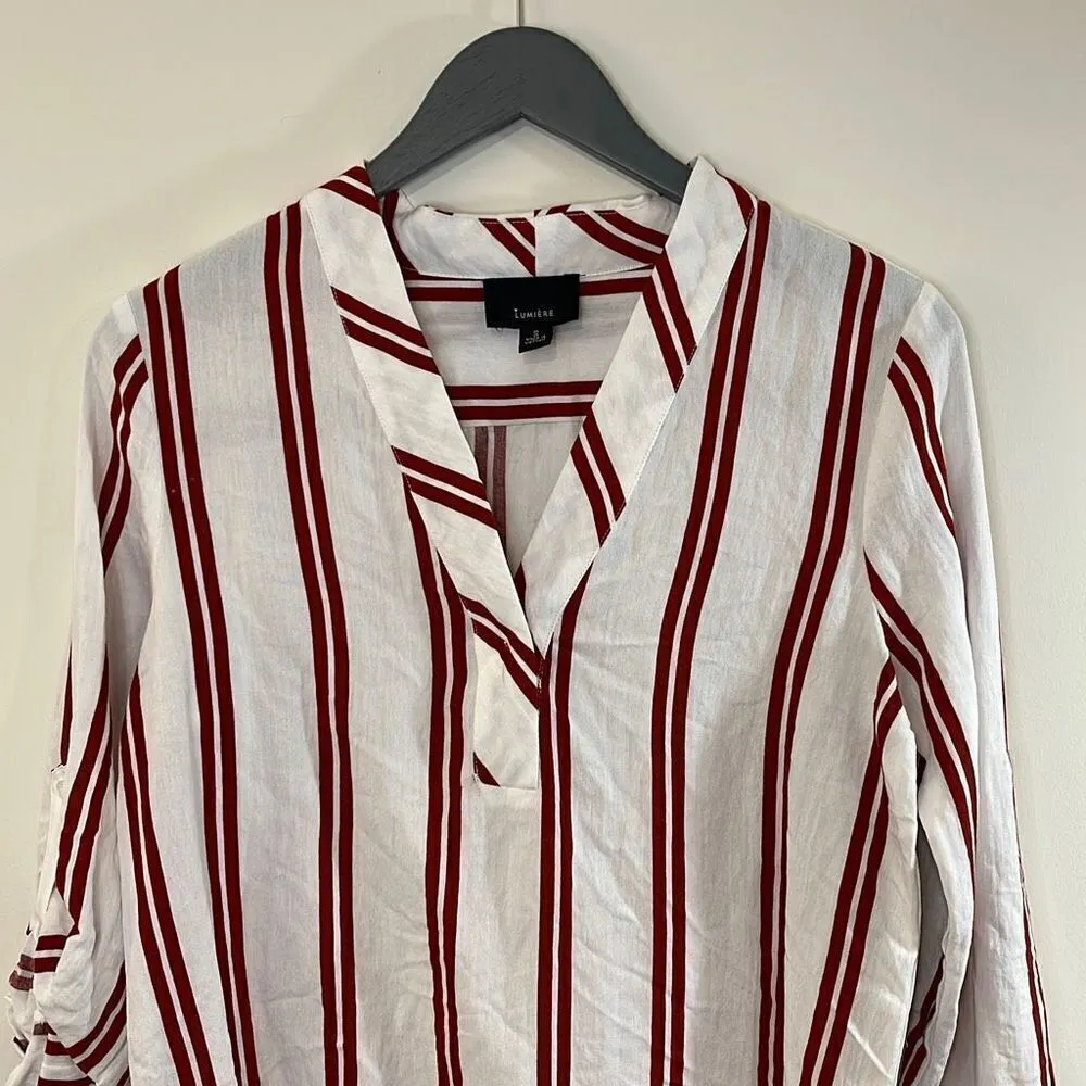 Lumiere Womens Long Sleeve V Neck Blouse Top Vertical Stripe White Red Small NWT - Image 3