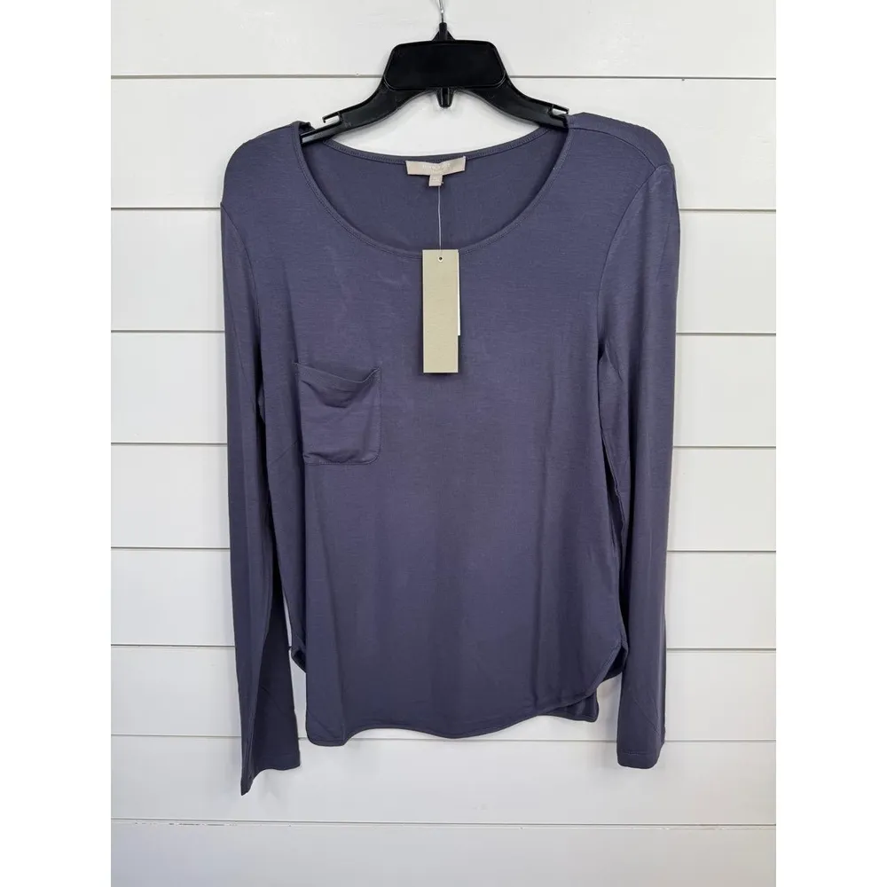 Joan Vass Dark Grey Purple Long Sleeve Top Size M Scoop Neck Shirt Thin Layering - Image 2