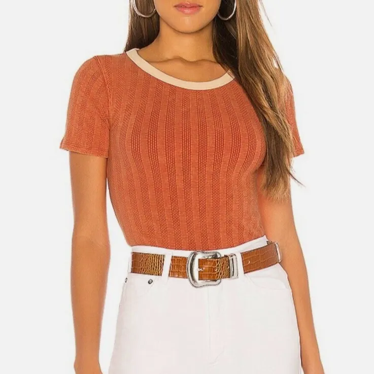 Free People We the Free Charcoal Tan Large Escape Rib Stretch T Shirt M - Image 2