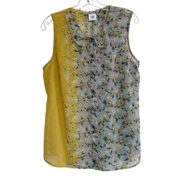 CAbi Offsides 50/50 Floral Mixed Print Sleeveless Blouse Button Up #5221 L - Image 2